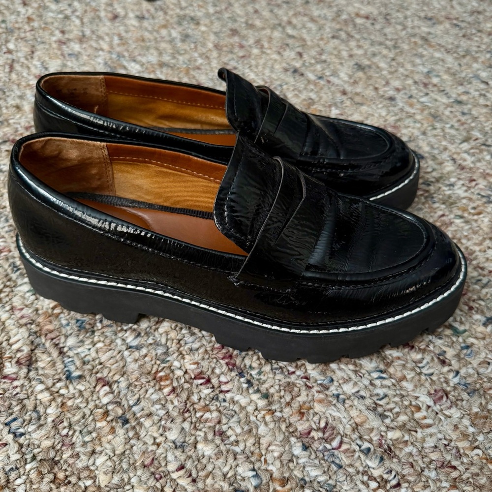 Franco Sarto Black Patent Leather Chunky Lug Sole Loafers